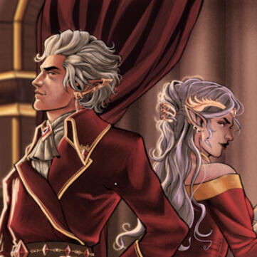 @mutualcombat illustration for 'And I Shall Again Wear Diamonds and Dance' Astarion and Taviana at their 100th wedding anniversary. They do not trust each other.
