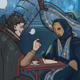 Micolash and Seluvis have a chat over tea.