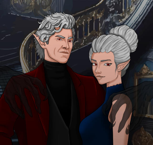 A wedding portrait of Lord Astarion Ancunin and his wife Taviana.